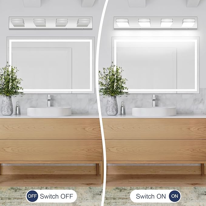 Bathroom Vanity Lighting Fixtures Over Mirror (4-Light, 30-Inch) Modern LED Bathroom Wall Lighting Fixtures, Chrome (Cool White 6000K)