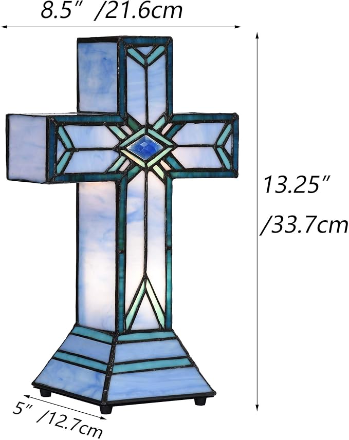 Bieye L10815 Christian Cross Tiffany Style Stained Glass Accent Table Lamp for Home Décor (Mission)