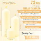 72 Pack Ivory Pillar Candles Bulk Set, 2x3 2x6 2x8 Inch - 24 Each Size, Dripless Smokeless Clean Burning for Wedding Centerpieces, Home Decor, Church, Romantic Ambiance！