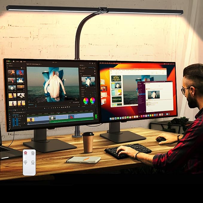 Double Head LED Desk Lamp with Remote Control for Home Office 24W Brightest Computer Desk Light for Workbench Drafting Architect Study Reading with Anti-Glare Cover