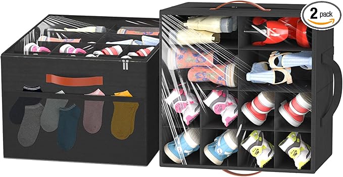 Aokeyee 2 Pack Shoe Organizer for Closet, Foldable Shoe Storage Organizer Box w/Clear Cover and 4 Reinforced Handles, Space Saving Shoes Bin Fits up to 32 Pairs, Black