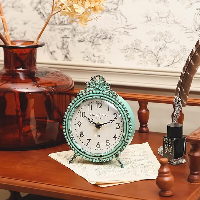 NIKKY HOME Antique Table Clock Silent Non-Ticking, Small Shelf Desk Top Clock Battery Operated Rustic Distressed Design, Shabby Chic Home Decor for Fireplace Mantel, Desktop, Countertop- Green