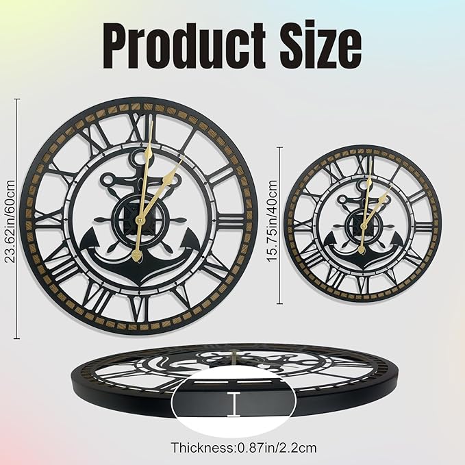 24 Inch Wall Clock, Anchor Wall Clock, Silent Non Ticking, Battery Operated Large Decor Clocks for Living Room Decor, Kitchen, Office (Nautical Style)
