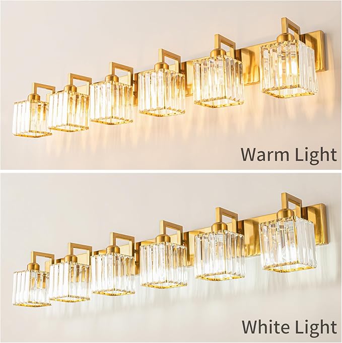 Crystal Bathroom Vanity Light 6-Lights Gold Brushed Brass Finish Modern Crystal Wall Lamp Bathroom Modern Crystal Vanity Lighting