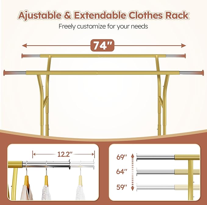 Raybee 74" W Heavy Duty Clothes Rack, Double Rods Gold Clothing Rack Load 630 LBS, Rolling Clothes Racks for Hanging Clothes 400+, Garment Rack with shelves for Bedroom, Laundry Room, Retail Store