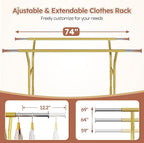 Raybee 74" W Heavy Duty Clothes Rack, Double Rods Gold Clothing Rack Load 630 LBS, Rolling Clothes Racks for Hanging Clothes 400+, Garment Rack with shelves for Bedroom, Laundry Room, Retail Store