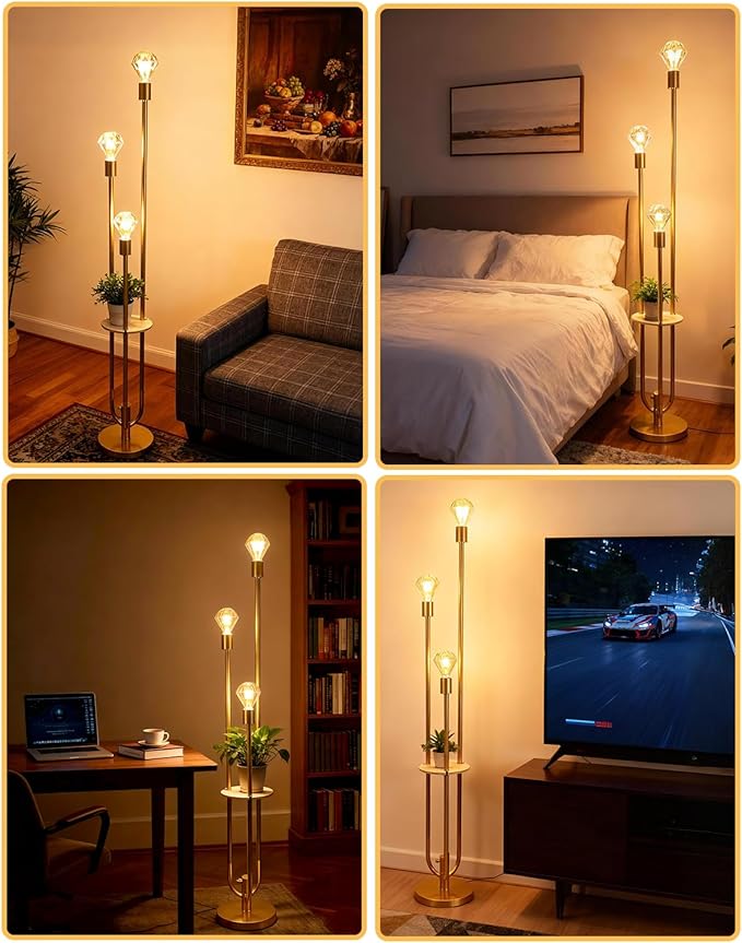 Lightdot Gold Floor Lamp for Living Room, Dimmable Vintage Floor Lamp with Shelf & E26 Base Bulbs, 3 Light Mid Century Standing Lamp, Tall Lamp for Bedroom/Sofa Beside/Corner Decor(Bulbs Included)