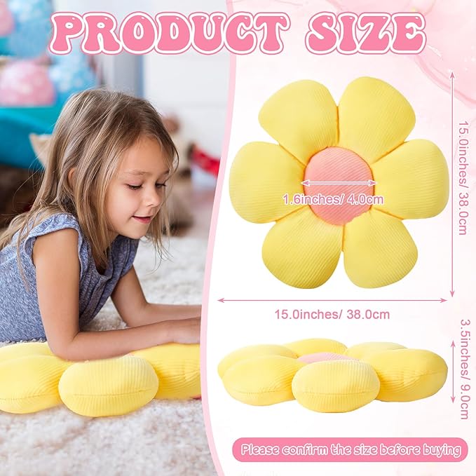 Reginary 4 Pcs Flower Floor Pillows Cute Plush Flower Throw Pillows Daisy Floor Seat Cushion Chair Pads for Back to School First Day of School for Sofa Couch Bed Decor(15 Inch,Light Color)