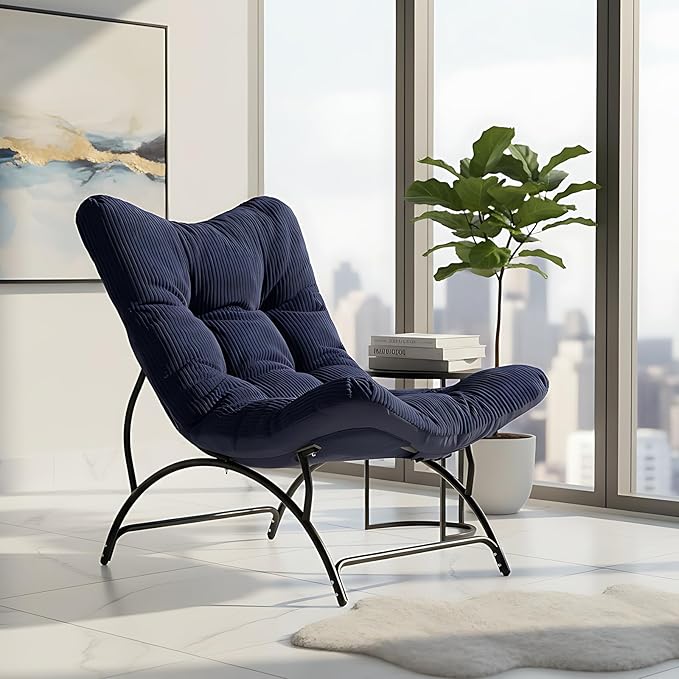 Welnow Accent Lounge Lazy Chair, Comfy Soft Leisure Metal Frame Reading Chair, Upholstered Thick Cushion Seated Recliner Sofa for Living Room, Bedroom, Dorm, Navy