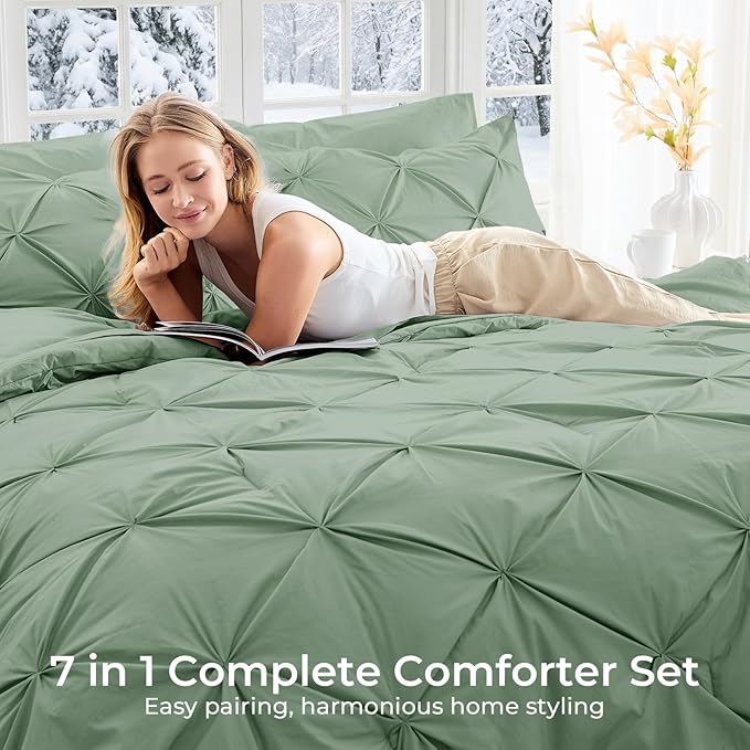 Sasttie Queen Comforter Set, 7-Piece Bed in a Bag, Pintuck Bedding Sets for All Season, Includes Comforter, Flat Sheet, Fitted Sheet, Pillowcases and Pillowshams, Sage Green
