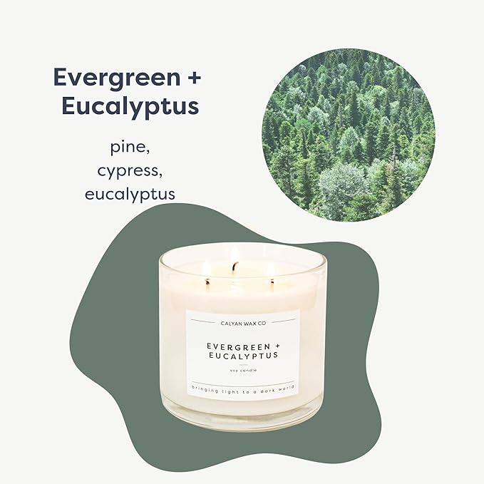 Calyan Wax Co. Evergreen & Eucalyptus 3 Wick Scented Candle - 43 Hour Burn - Luxury 3 Wick Soy Candles - Non Toxic Soy Wax Candles - Long Lasting Large Glass Jar Candle for Home - 14.9oz