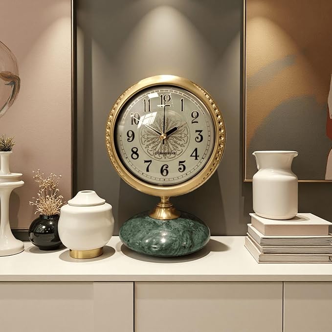 Vintage Mantel & Modern Brass Desk/Shelf Clock, Silent Non-Ticking Analog Roman Numerals, Marble Base, Home/Tabletop Decoration for Shelf, Table, Mantel, Bedside, Home Office, Living Room, Bedroom