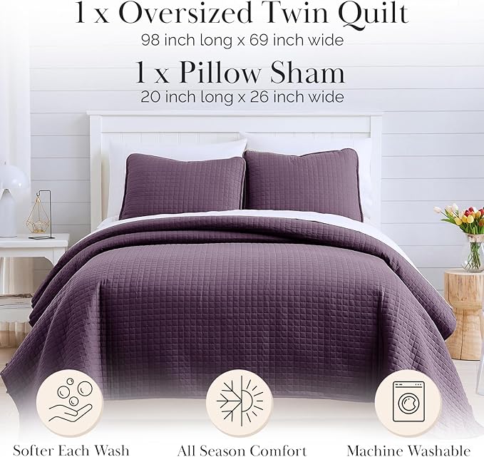 Southshore Fine Living, Inc. Twin XL Comforter Quilt Set, Dorm Bedding Essentials, Stain Resistant, Machine Washable Purple Bed Spread, Twin XL Quilt Bedspread Set with Matching Pillow Sham, Purple