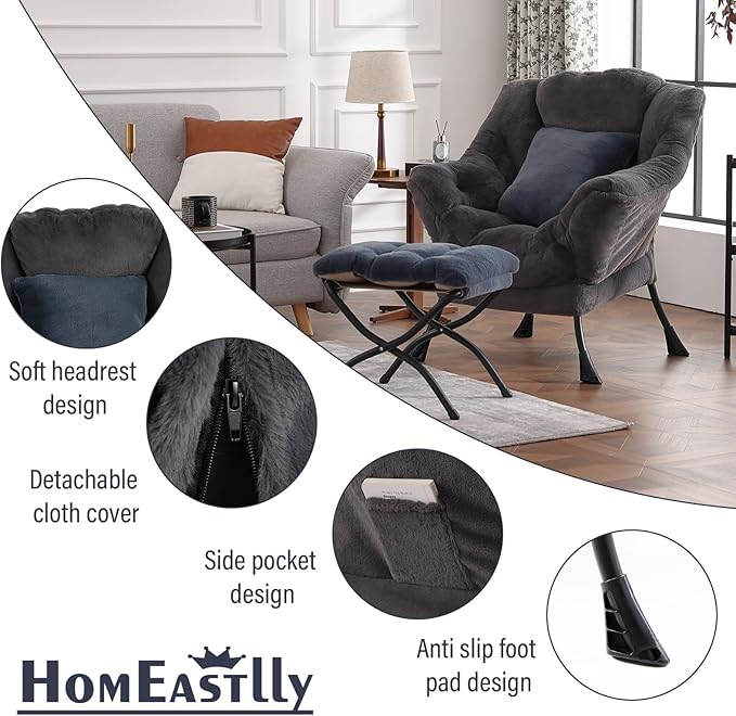 Lazy Chair with Ottoman, Large Blue Gray Lounge Accent Chair with Ottoman and FA Throw Pillow, Comfy Plush Reading Chair for Living Room Bedroom Dorm Room Office Apartment Relaxing Use