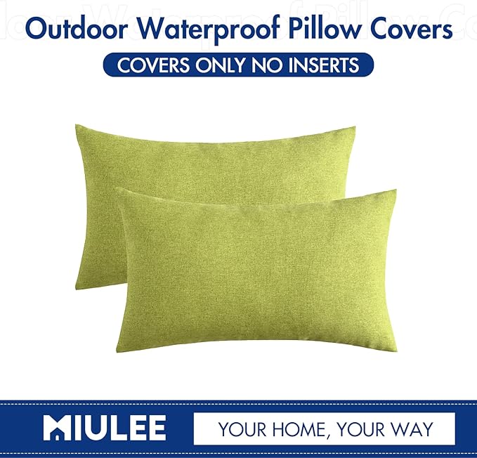 MIULEE Pack of 2 Decorative Outdoor Solid Waterproof Throw Pillow Covers Spring Faux Linen Garden Farmhouse Cushion Cases for Summer Patio Tent Balcony Couch Sofa 20x12 Inch Green