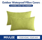 MIULEE Pack of 2 Decorative Outdoor Solid Waterproof Throw Pillow Covers Spring Faux Linen Garden Farmhouse Cushion Cases for Summer Patio Tent Balcony Couch Sofa 20x12 Inch Green