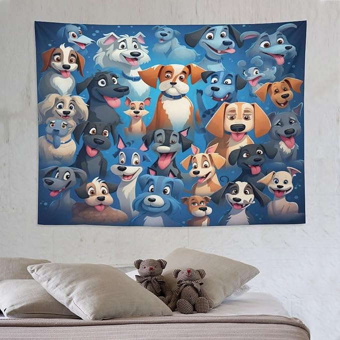 VUMIVI Cartoon Dog Tapestry Cute Puppy Pet Lovers Animal Theme Colorful Illustration Tapestry Wall Hanging for Living Room Bedroom Dorm Classroom Aesthetic Decor W80xL60in