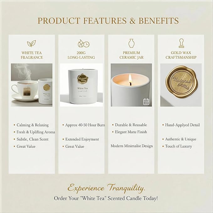 Scented Luxury Candle -Aromatherapy Soy Candles for Relaxation & Sleep - 7 oz - Hand-Cast - Comes with Pure Cotton Wick - Fine Ceramic - Ideal Gift for Both Men and Women. (White, whitetea)