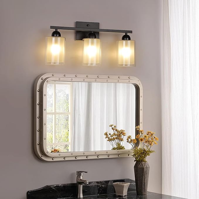 Matte Black Bathroom Vanity Light Over Mirror, 3 Light Bathroom Light Fixtures with Milk Glass and Clear Glass Shades, Modern Vanity Lighting Wall Mount