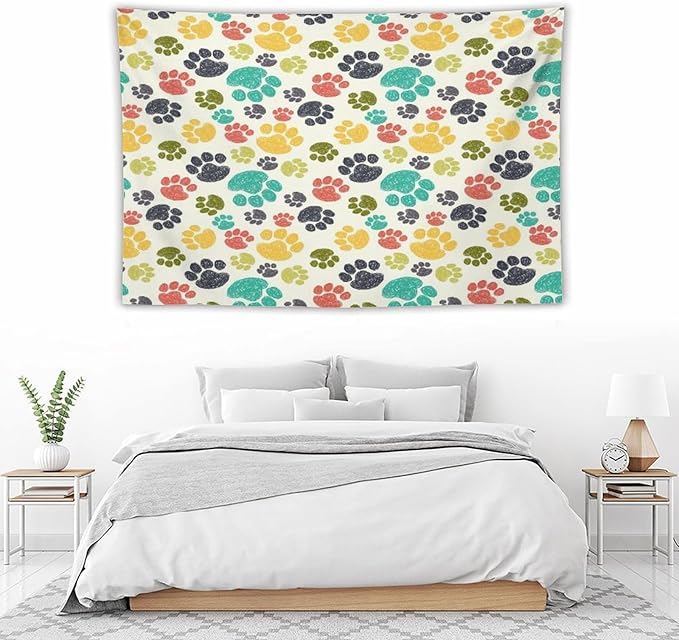 VUMIVI Dog Paw Tapestry Hand Painted Colorful Animal Footprints Doodle Kids Painting Tapestry Wall Hanging for Living Room Bedroom Dorm Classroom Aesthetic Decor W60xL40in