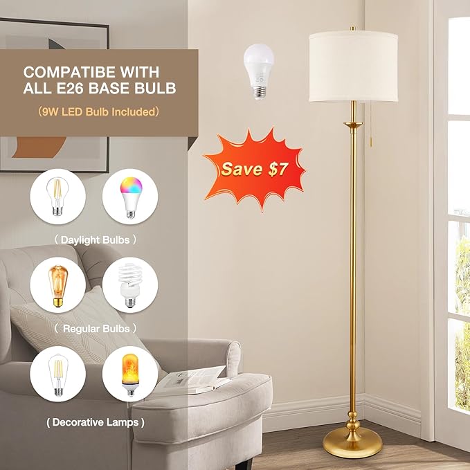 60" Gold Floor Lamp, Standing Lamp for Living Room, Bedroom, Office & Dining Room - Tall Corner Floor Lamps with Pull Chain Switch, Soft Lighting Farmhouse Design - Modern Floor Lamp (Bulb Included)
