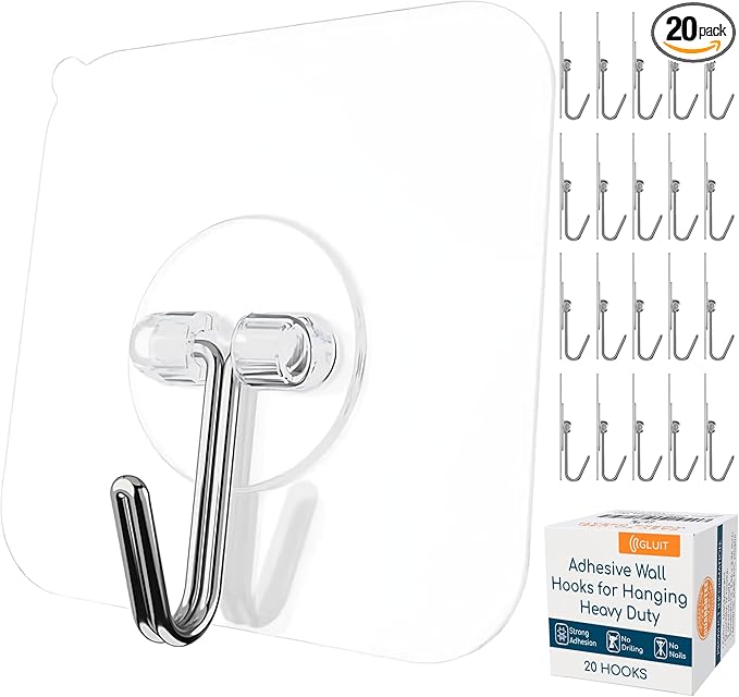 GLUIT Adhesive Wall Hooks for Hanging Heavy Duty 22 lbs Hooks for Walls No Damage, Towel Sticky Clear Hooks, Waterproof, Home, Bathroom, Kitchen, Office, and Outdoor 20 Pack