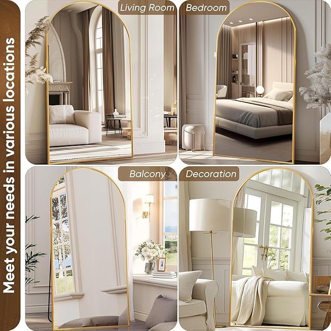 Antok Full Length Mirror, 91"x46" Oversized Floor Mirror Freestanding, Full Body Floor Standing Mirror with Stand, Hanging Mounted for Living Room Cloakroom,Gold,Arched Style