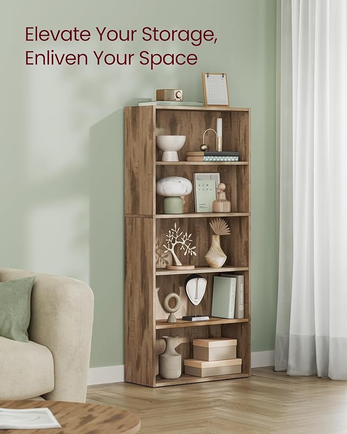 VASAGLE Custos Collection - Bookshelf, 5-Tier Bookcase, Book Shelf, Open Storage Shelf, 9.4 x 23.6 x 52.8 Inches, for Living Room, Home Office, Dinning Room, Camel Brown ULBC165T50