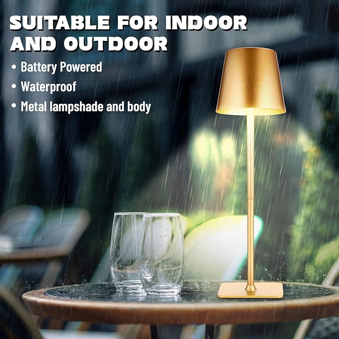 Retisee 12 Pack Cordless Table Lamp Portable Led Rechargeable Desk Lamp 3000mah Battery Operated 3 Color Stepless Dimming Waterproof Light Touch Control for Bedroom Restaurant Bars (Gold,Square Base)