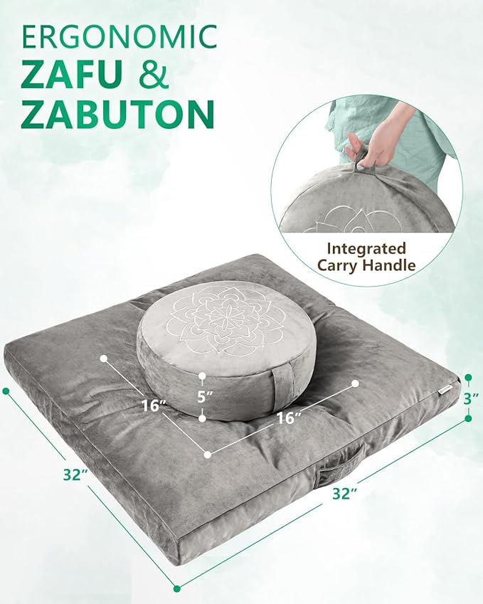 Hihealer Meditation Cushion Set – Large Rose Velvet Zafu & Zabuton Floor Pillow Traditional Tibetan Yoga Bolster for Adults Buckwheat Filled for Comfort Support