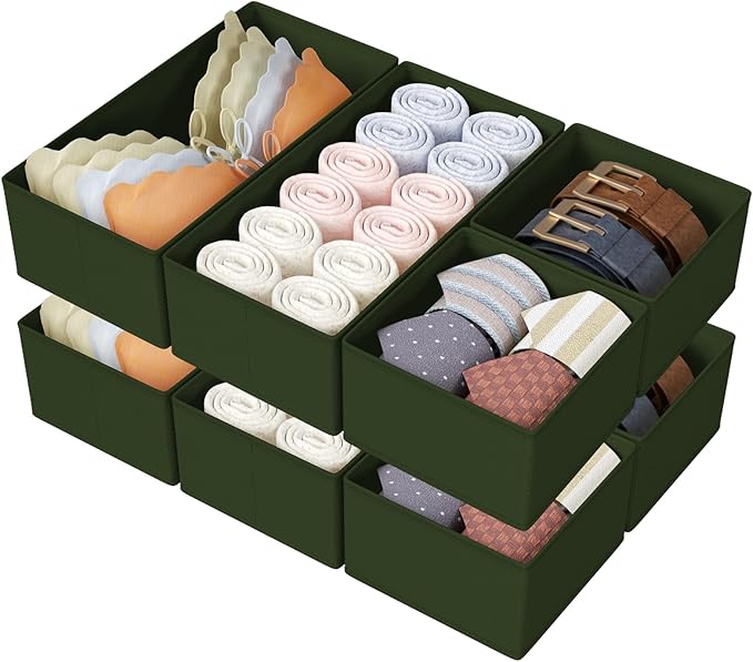 DIMJ Drawer Organizers Clothes, Set of 8 Dresser Organizer Bins, Fabric Closet Organizers and Storage, Shallow Drawer Dividers for Nursery, Clothing, Baby Clothes, Socks, Underwears, Tie (Green)