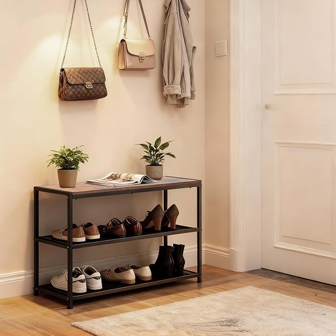 DUMOS 3-Tier Shoe Bench with Storage, Industrial Entryway Sturdy Shoe Rack Organizer Bench with Mesh Shelves for Entryway, Hallway & Living Room, Easy Assembly, Rustic Brown and Black
