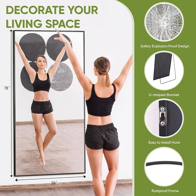 Full-Length Floor Mirror with Stand, 78"x38" Rectangle Style Full Body Standing Mirror for Bedroom, Living Room, Gym, Dorm - Shatter-Resistant & Easy Assembly, Black
