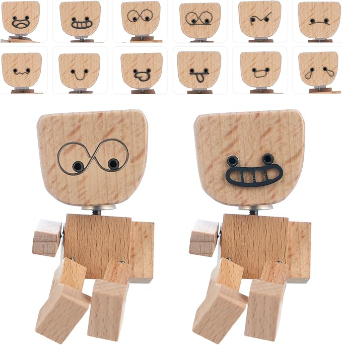 Foleto 2PCS Shaking Feet Wooden Doll for Car Dashboard with 12PCS Magnetic Expressions Handmade Shaking Wooden Man Figurine,Funny Wood Desk Decor for Home Office,Gift