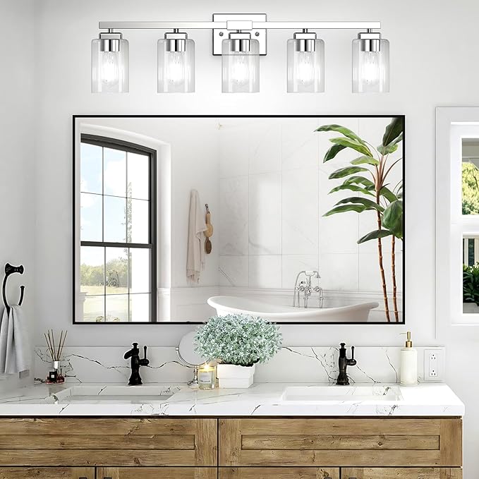 BesLowe 5-Light Bathroom Light Fixtures, Modern Chrome Bathroom Vanity Light, Bathroom Lighting Fixtures Over Mirror, Nickel Bathrom Wall Lamp, Wall Lights for Living Room Bedroom Hallway