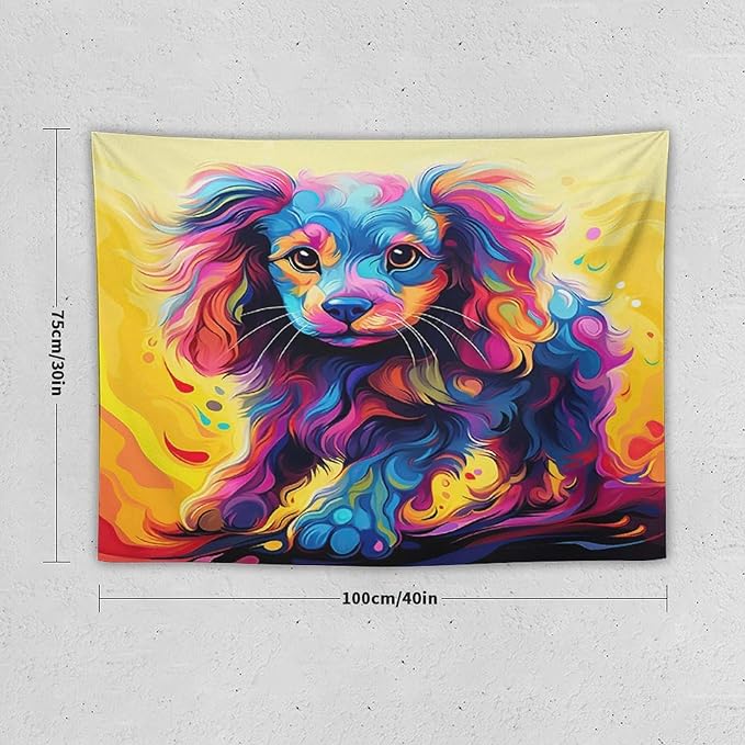 VUMIVI Colorful Cute Dog Tapestry Rainbow-Hued Oil Painting Pet-Themed Abstract Art Print Tapestry Wall Hanging for Living Room Bedroom Dorm Classroom Aesthetic Decor W40xL30in