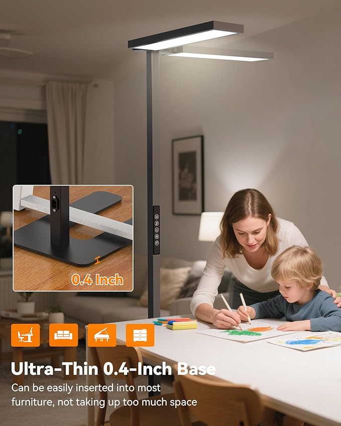 CHICLUX 80'' LED Floor Lamp, 120W Modern Free-Standing Lamp with 2 Adjustable Lamp Heads, Dimmable Eye Caring Floor Lamp for Living Room, Bedroom, Study Room, Office, 4000K Natural Daylight, Black