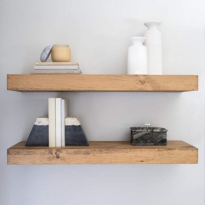 Urbandi Modern Floating Shelves 3 Inches Thick for Wall, Wide Shelves for Kitchen, Living Room, Bedroom, and Bathroom, Natural Pine Wood, Rustic Wooden Shelf, (Set of 2) (Aged Oak, 36Lx3Hx6D)