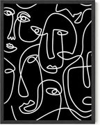 Abstract Face Pattern Wall Art Black Background White Continuous Line Drawing 12x16 Inch Oak Wood Black Framed Modern Diverse Portrait for Living Room Decor