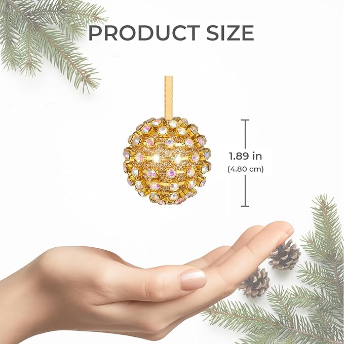 Iridescent Crystal Rhinestone Ball Ornaments, 4 Pack Handcrafted Sparkling Christmas Tree Decorations, Hanging Ornaments for Holiday & Home Décor in Luxury Gift Box