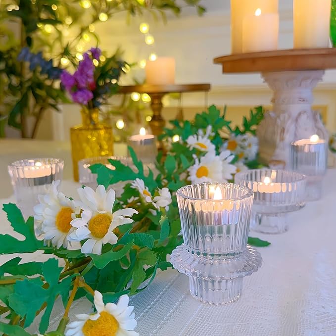 Double Sided Vintage Ribbed Taper Glass Candle Holders,Tea Candle Holder for Table Centerpieces, Wedding Decorations and Dinner Parties (Clear, 3 PCS)