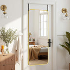 Antok Over The Door Mirror Full Length, 49'' x 14''Wall Mounted Hanging Mirror, Aluminum Alloy Frame, Shatterproof Glass, No Drill Installation for Bedroom, Closet, Bathroom, Dorm, Round Corner,Gold