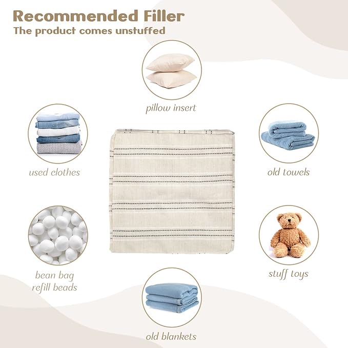 AELS Unstuffed Farmhouse Pouf Cover for Living Room, Boho Storage Bean Bag Cubes, Beige with Gray Stitch Yarn Dyed Stripe Square Ottoman Pouf Foot Rest Footstool, 18"x18"x18", Cover ONLY