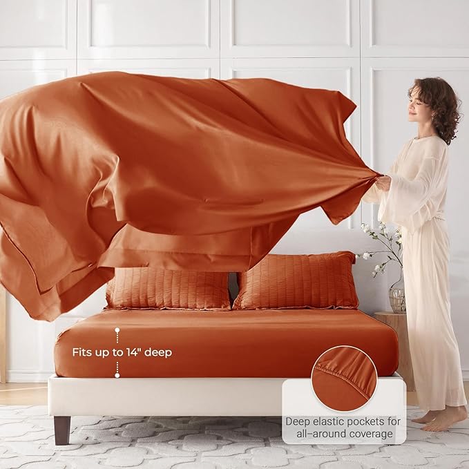 MUXHOMO 5 Pieces Twin Comforter Set, Seersucker Bed in a Bag Twin Size, All Season Luxury Bedding Set with Comforter, Flat Sheet, Fitted Sheet, Pillowcase & Sham, Burnt Orange