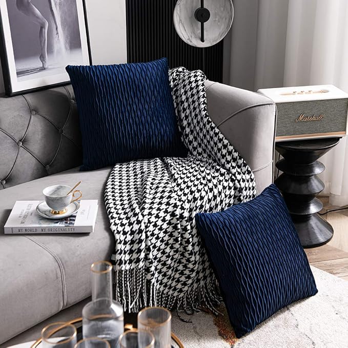 Navy Striped Couch Pillow Cases: 2 Pack 16x16 Inch Original Velvet Square Throw Pillow Covers for Farmhouse Home Decor
