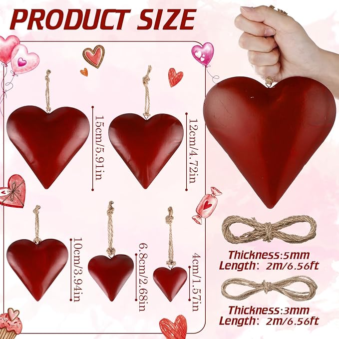Frienda 8 Pcs Valentine's Day Metal Heart Indoor Outdoor Decorative Cow Bell Rustic Tibetan Inspired Meditation Wind Chime Bell with Jute Hanging Rope for DIY Craft Xmas Wall Decor (Red)