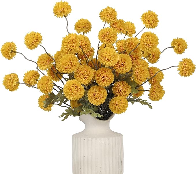 DuHouse 6pcs Artificial Flowers Faux Silk Pompon Mum,Silk Small Mini Chrysanthemum Ball with Stems for DIY Wedding Bouquets Centerpieces Vase Home Table Kitchen Decorations