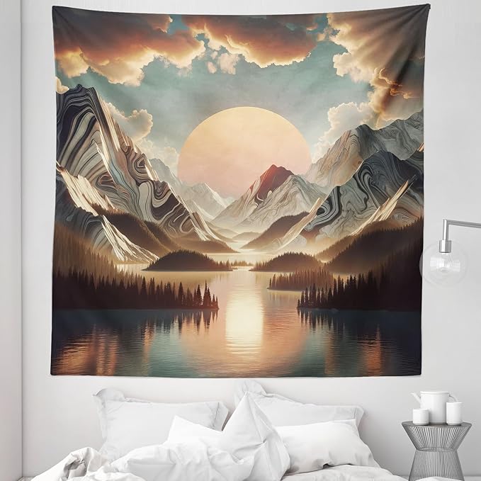 Ambesonne Mountain Tapestry Queen Size, Sunrise Scenario of Meadows Featuring Groovy Mounts with Lake Clouds, Wall Hanging Bedspread Bed Cover Wall Decor, 88" X 88", Peach Fawn Pale Seafoam