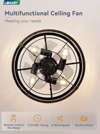LEDIARY 16.5 Inch Caged Ceiling Fan with Light, Fandelier Farmhouse Ceiling Fan with Remote, Small Bladeless Fan Lights Ceiling Fixtures for Kitchen, Bedroom, Outdoor-Black and Gold