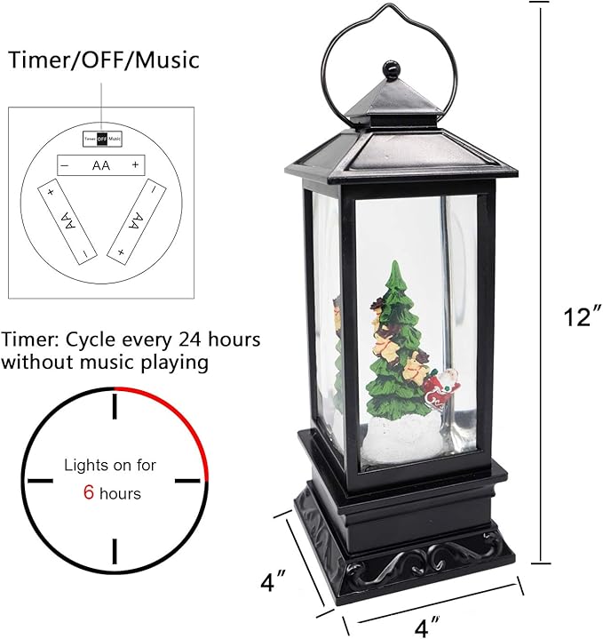 Eldnacele 12" Christmas Musical Snow Globe Lantern USB Lined Batteries Operated Water Glittering Lighted Lantern Santa Claus with 6H Timer Centerpiece (Santa Sleigh)